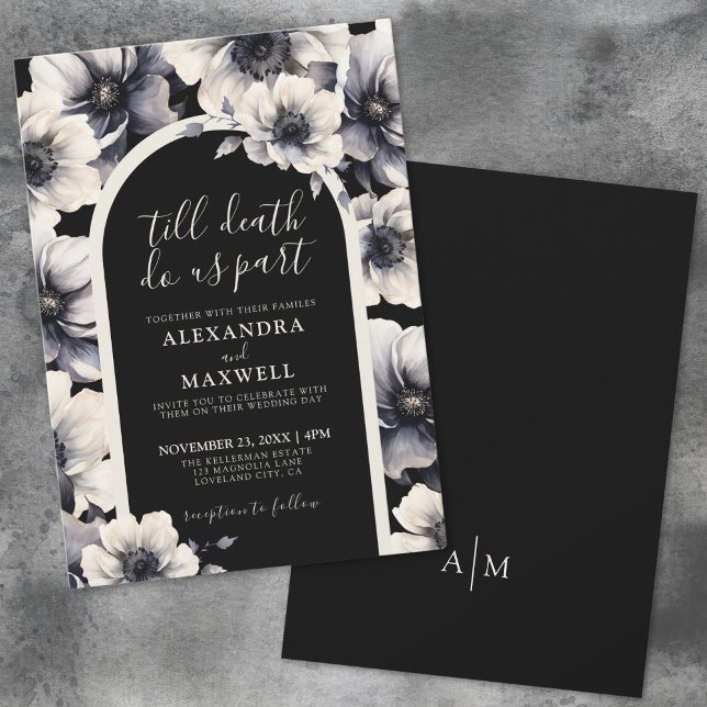 Tills döden skiljer oss åt Svart blomsterbröllop Inbjudningar (Till Death Do Us Part Elegant Black Floral Wedding Invitation)