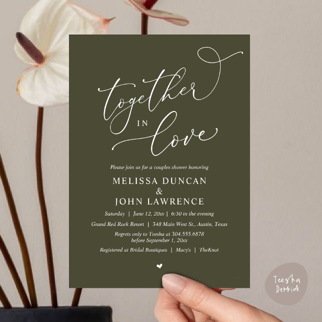 Tillsammans i Kärlek, Romantic Par Shower Party Inbjudningar (Together in Love, Romantic Couples Shower Party Invitation Card PDF modern minimalist Olive Green)