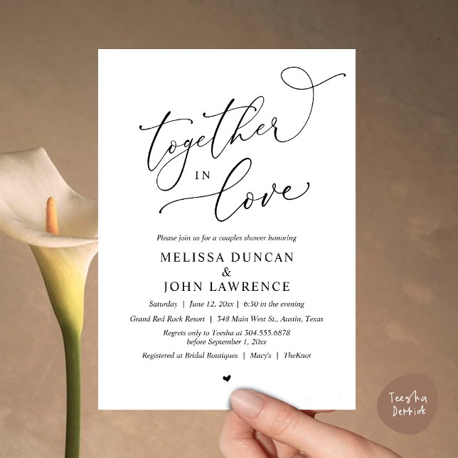 Tillsammans i Kärlek, Romantic Par Shower Party Inbjudningar (Together in Love, Romantic Couples Shower Party Invitation Card PDF modern minimalist Black White)