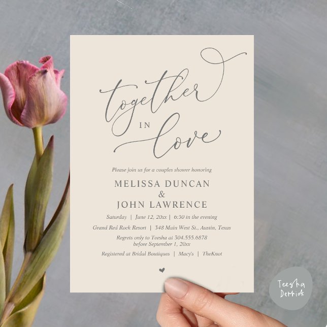 Tillsammans i Kärlek, Romantic Par Shower Party Inbjudningar (Together in Love, Romantic Couples Shower Party Invitation Card PDF modern minimalist Cream Grey)