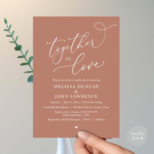 Tillsammans i kärlek, romantisk couples bröllopsfe inbjudningar (Together in Love, Romantic Couples Shower Party Invitation Card PDF modern minimalist Earthy Brown)