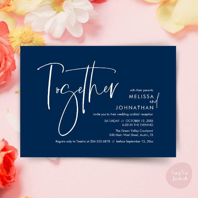 Tillsammans med sina föräldrar, bröllopsmottagning inbjudningar (Together with their parents, Wedding Reception Invitation Card PDF Modern clean Navy Blue)