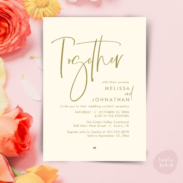 Tillsammans med sina föräldrar, bröllopsmottagning inbjudningar (Together with their parents, Wedding Reception Invitation Card PDF Modern clean Yellow Gold)