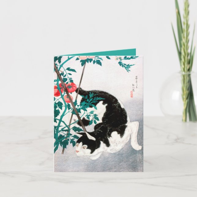 Tillsatt kort: JAPANESE WOODBLOCK : Kat med Tomat Anteckningskort (Framsida)