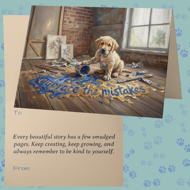 Tillväxt Mentalitet Hund Animalcore Terapi Konst H Kort (Whimsical thinking of you card featuring a golden Labrador puppy spilling paint encouragement card )