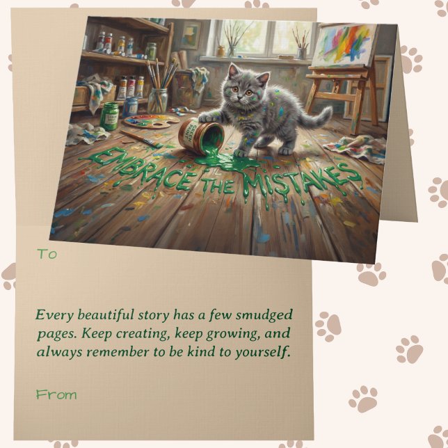 Tillväxt Mindset Kattunge Animalcore Terapi Konst Kort (Grey Kitten Green Paint Growth Mindset Encouragement Card for therapy, classroom and artists.)