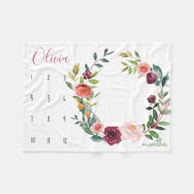 Tillväxtspårare - Milestone boho-vattenfärgblommor Fleecefilt (Framsidan (Horisontell))