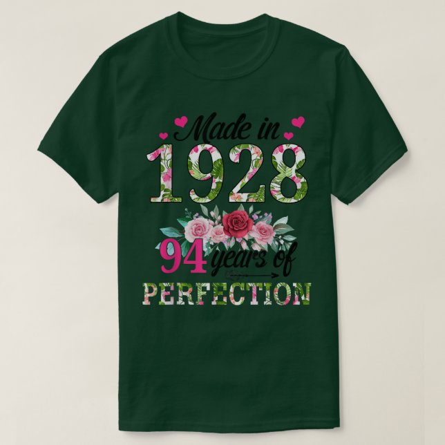 Tillverkad 1928 Blommigt 94 år gammal 94:e födelse T Shirt (Design framsida)