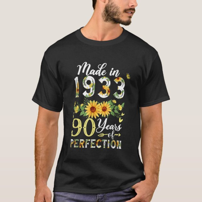 Tillverkad 1933 Solros 90 år gammal 90:e födelseda T Shirt (Framsida)