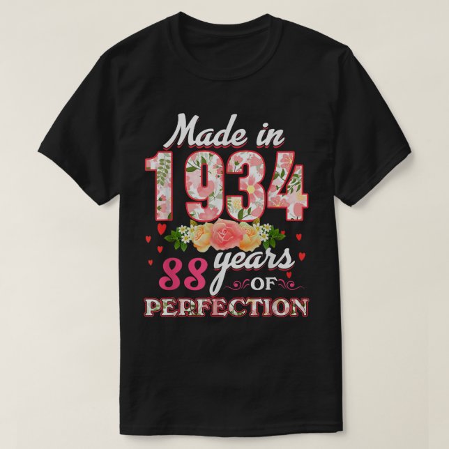 Tillverkad 1934 Blommigt 88 år gammal 88:e födelse T Shirt (Design framsida)