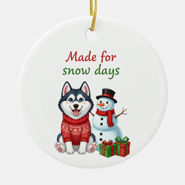 Tillverkad för snödagar Husky, Husky jul  Julgransprydnad Keramik (Framsidan)