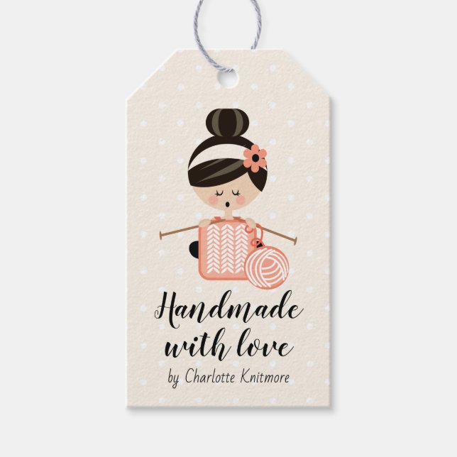 Tillverkad med Kärlek Gift Märkre Knitting Girl As Presentetikett (Framsidan)