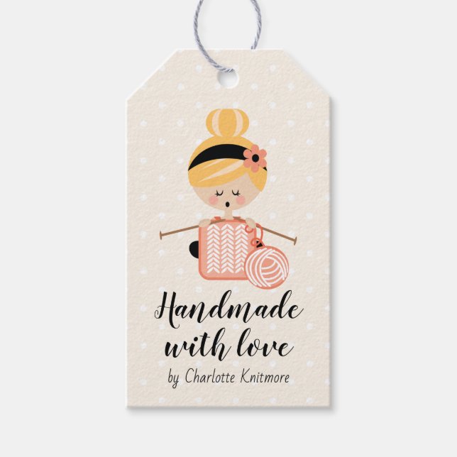 Tillverkad med Kärlek Gift Märkre Knitting Girl Bl Presentetikett (Framsidan)