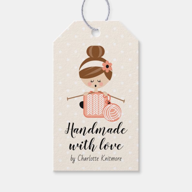 Tillverkad med Kärlek Gift Märkre Knitting Girl Br Presentetikett (Framsidan)