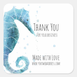 Tillverkad med Kärlek | Vattenfärgsolja Sea Horse  Fyrkantigt Klistermärke