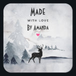 Tillverkad med Kärlek Winter Reindeer Rustic Water Fyrkantigt Klistermärke<br><div class="desc">Tillverkad med kärlek personlig-klistermärken med en vattenfärgad bild med en svart silhuettrut som står mellan några gräs träd. Grått Black and white neutralt färg.</div>