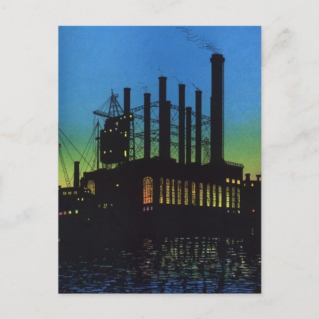 Tillverkningsfabrik vid solnedgång, Vintage-företa Vykort (Framsida)
