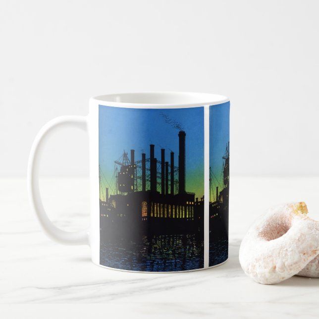 Tillverkningsfabrik vid Sunset, Vintage Business Kaffemugg (Med munk)