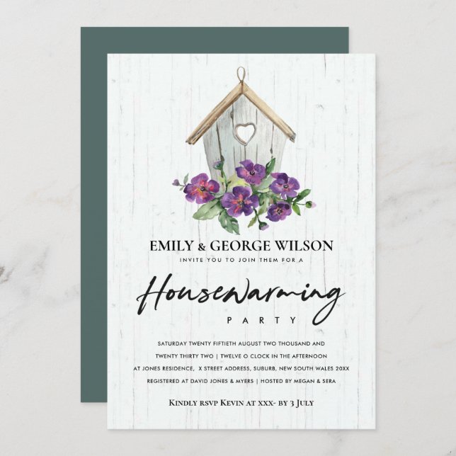 TIMBER WOOD BLOMMIGT BIRD HOUSE HOUSEWARMING PARTY INBJUDNINGAR (Fram/baksida)
