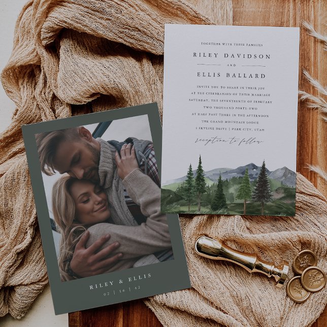 Timberline | Photo Back Forest & Mountain Wedding Inbjudningar (Skapare uppladdad)