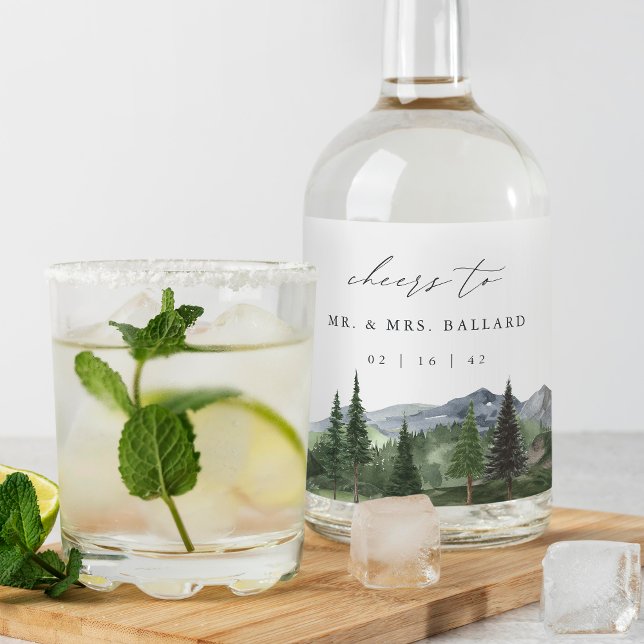 Timberline | Vattenfärgsbergsskog Bröllop Spritflaskor Etikett (Skapare uppladdad)