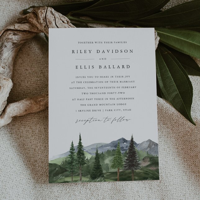 Timberline | Watercolor Forest & Mountain Wedding Inbjudningar (Skapare uppladdad)