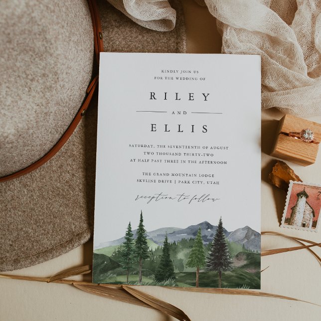 Timberline | Watercolor Forest Mountain Wedding Inbjudningar (Skapare uppladdad)