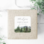 Timberline | Watercolor Mountain Wedding Thank You Fyrkantigt Klistermärke<br><div class="desc">Complete your wedding favors with this customizable thank you sticker from the Timberline collection by Redwood & Vine Design Co. Designed with a serene watercolor mountain and evergreen forest illustration, this square label adds rustic elegance to your packaging. Personalize with your names and date for a beautifully coordinated finishing touch—perfect...</div>
