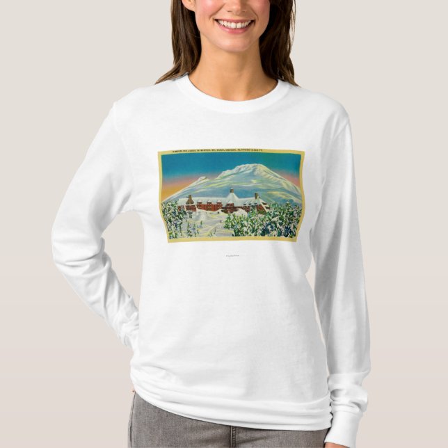 Timberlineloge i vinter på Mt.-huvan T-shirt (Framsida)
