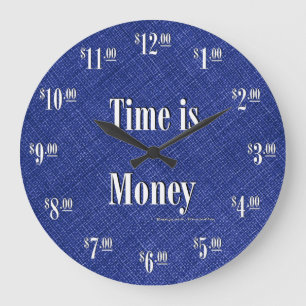 Time är pengar tar tid på - vittext på stor klocka