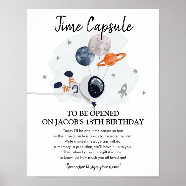 Time Capsule Rymden Planets Boy 1st Birthday Poster (Framsidan)