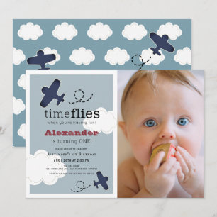 Time Flies Airplan Blue Boy Photo1st Birthday Inbjudningar