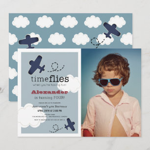 Time Flies Airplan Blue Boy Photo Birthday Inbjudningar