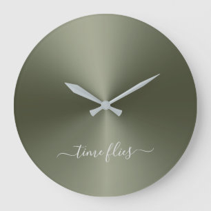 Time Flies Army Grönt Metallic Stil Acrylic Stor Klocka