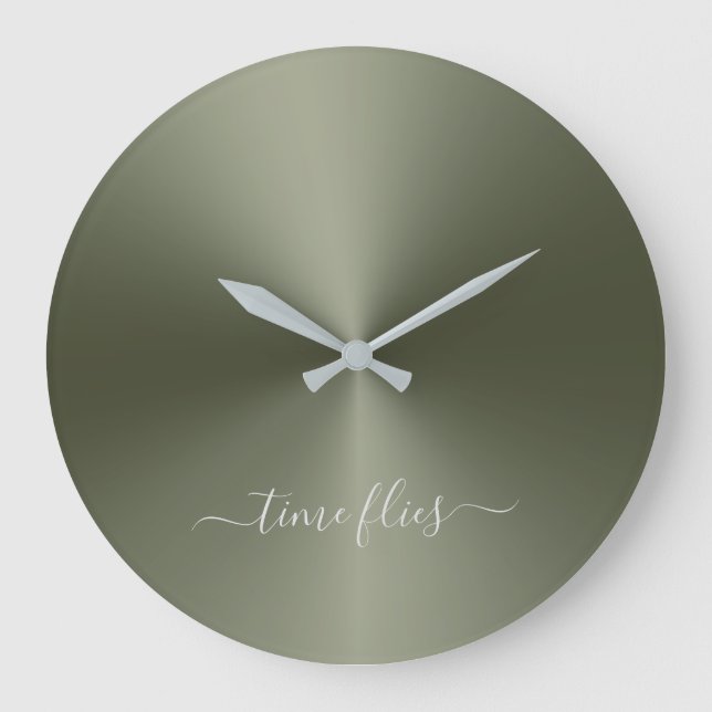 Time Flies Army Grönt Metallic Stil Acrylic Stor Klocka (Framsida)