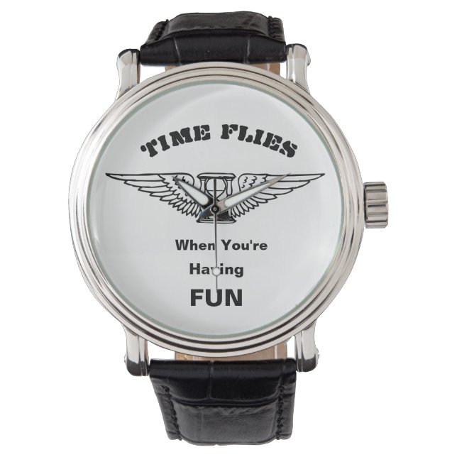 Time Flies Black Leather Watch Armbandsur (Framsida)