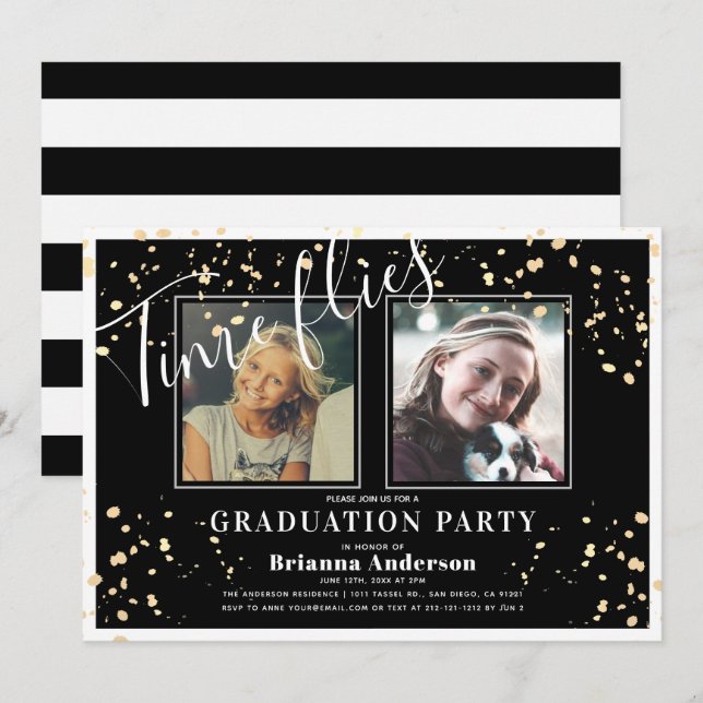 Time Flies Black Rand Guld Photo Studenten Inbjudningar (Fram/baksida)