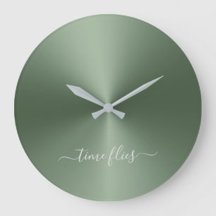Time Flies Fern Grönt Metallic Stil Acrylic Stor Klocka