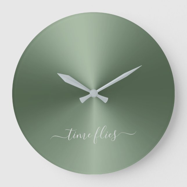 Time Flies Fern Grönt Metallic Stil Acrylic Stor Klocka (Framsida)