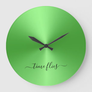 Time Flies Neon Grönt Metallic Stil Acrylic Stor Klocka