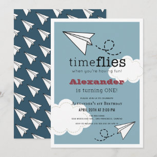 Time Flies Papper Flygplan Blue Boy 1st Birthday Inbjudningar