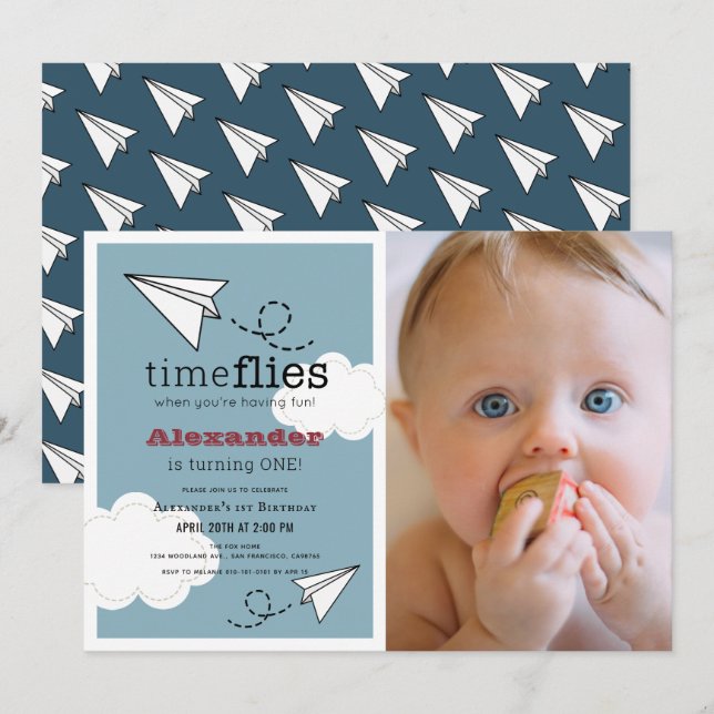 Time Flies Papper Flygplan Blue Boy Photo1st Birth Inbjudningar (Fram/baksida)