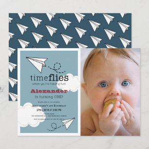 Time Flies Papper Flygplan Blue Boy Photo1st Birth Inbjudningar