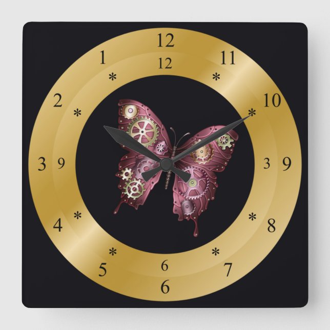 Time Maskin Clock ~ Steampunk~ Butterfly~ Gears ~ Fyrkantig Klocka (Framsida)