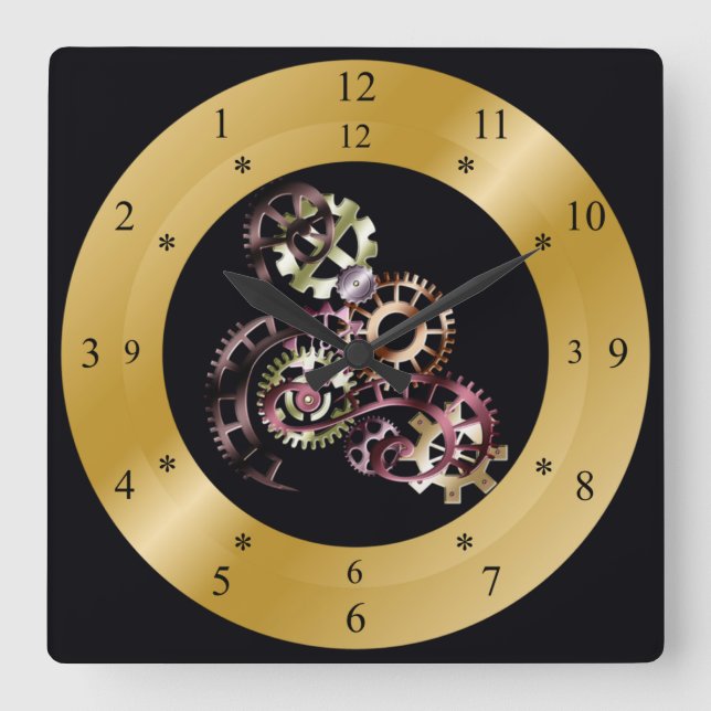 Time Maskin Clock ~ Steampunk ~ Gears ~ Gears ~ Fyrkantig Klocka (Framsida)