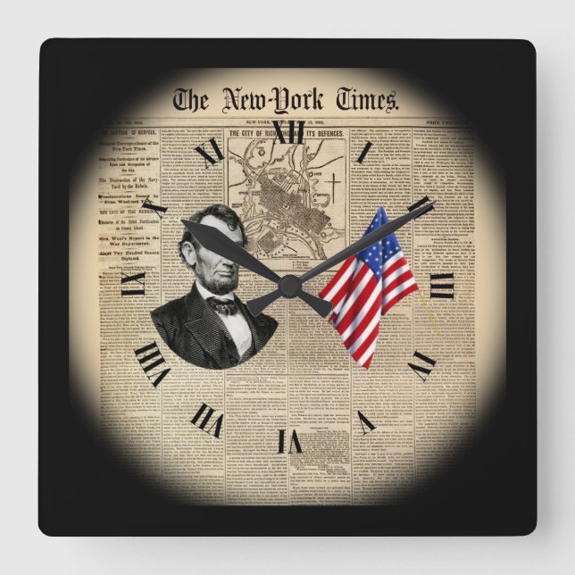 Time Travel~Abe Lincoln~American Flagga~NY Times~  Fyrkantig Klocka (Framsida)