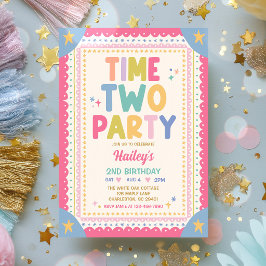 Time Two Party Whimsical Flicka 2-års Födelsedagsf Inbjudningar