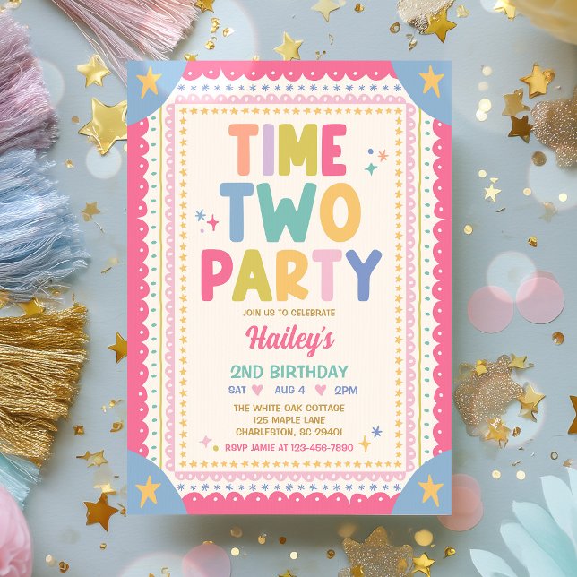 Time Two Party Whimsical Flicka 2-års Födelsedagsf Inbjudningar (Skapare uppladdad)