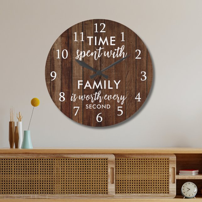 Time With Family Quote Typography Rustic Dark Wood Stor Klocka (Skapare uppladdad)