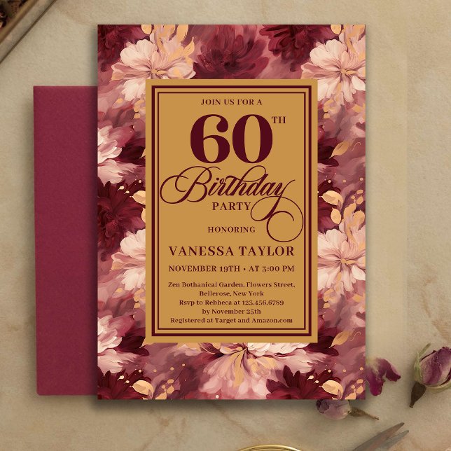 Timeless 60th Birthday Burgundy Gold Floral Invite Inbjudningar (Timeless 60th Birthday Burgundy Gold Floral Invitation)